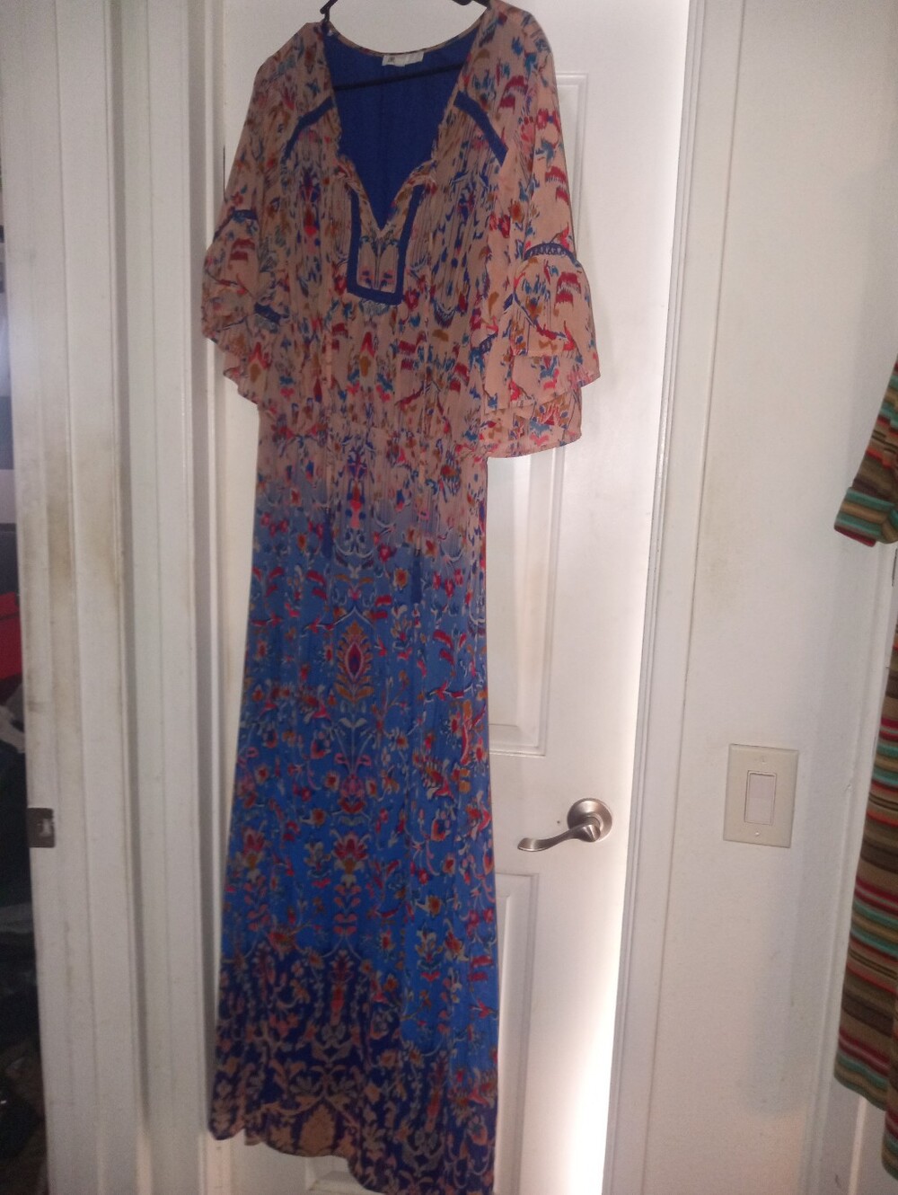 DR2 Daniel Rainn Maxi Dress boho floral tan blue flowy lined ruffle tassel L.